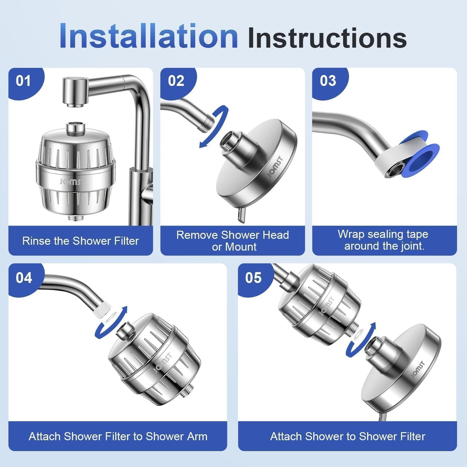 Provides clear step-by-step visual instructions to guide customers through the installation process of the shower filter system, reducing confusion and ensuring proper setup.