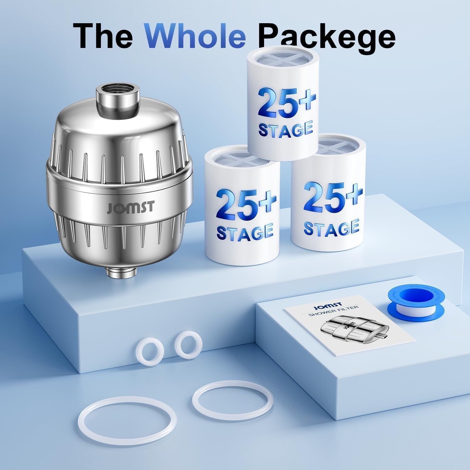 Shows everything included in the package to reassure shoppers they receive a complete shower filter system with multiple replacement filters, gaskets, tape, and instructions.