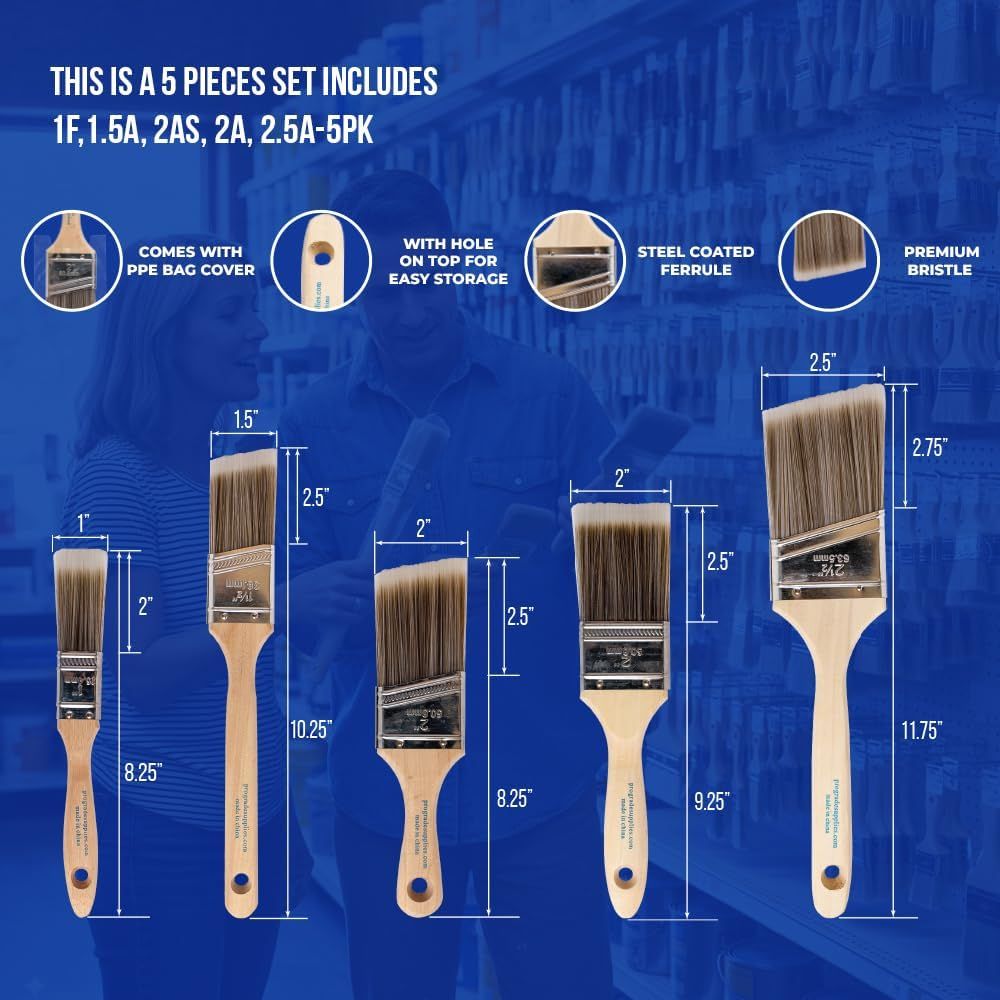 Shows the complete 5-piece brush set with exact dimensions and key features to help shoppers understand everything included in the purchase and the specifications of each brush size.