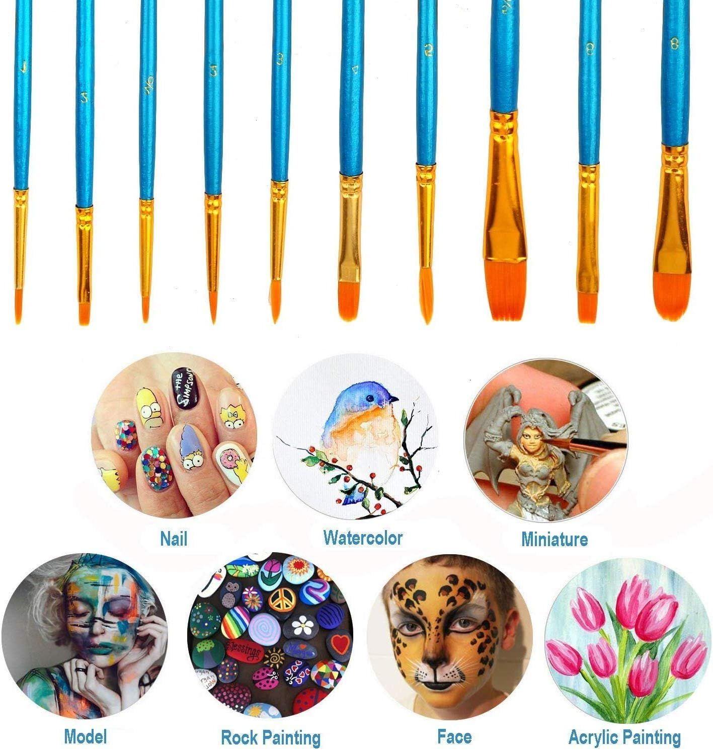 Demonstrates the versatility of the brush set by showing seven different creative applications, reassuring shoppers that the product works across multiple art and craft scenarios.