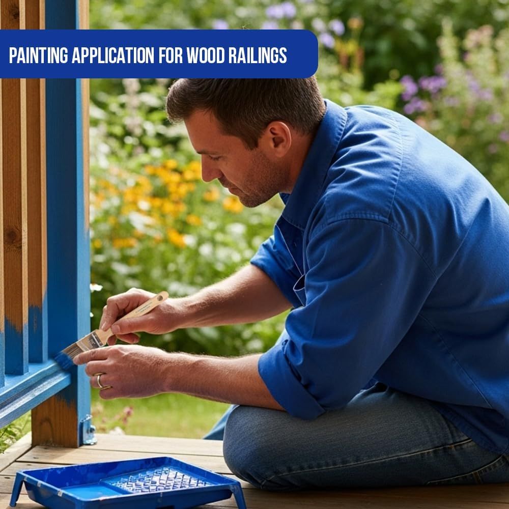 Demonstrates a specific use case for the product, showing how it can be applied to paint wood railings in an outdoor setting.
