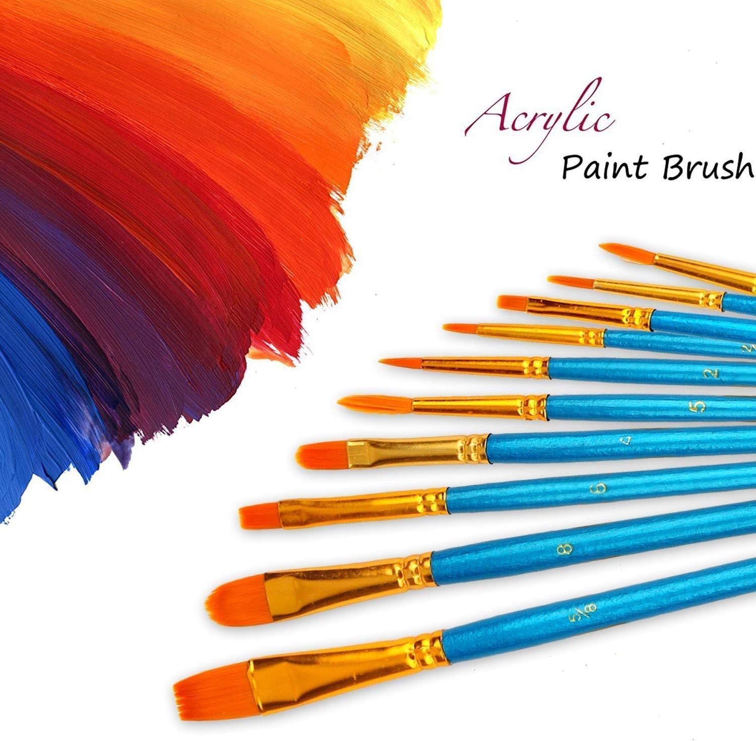 Shows the customer the complete set of numbered acrylic paint brushes included with their purchase, demonstrating the variety of brush sizes and types they will receive.