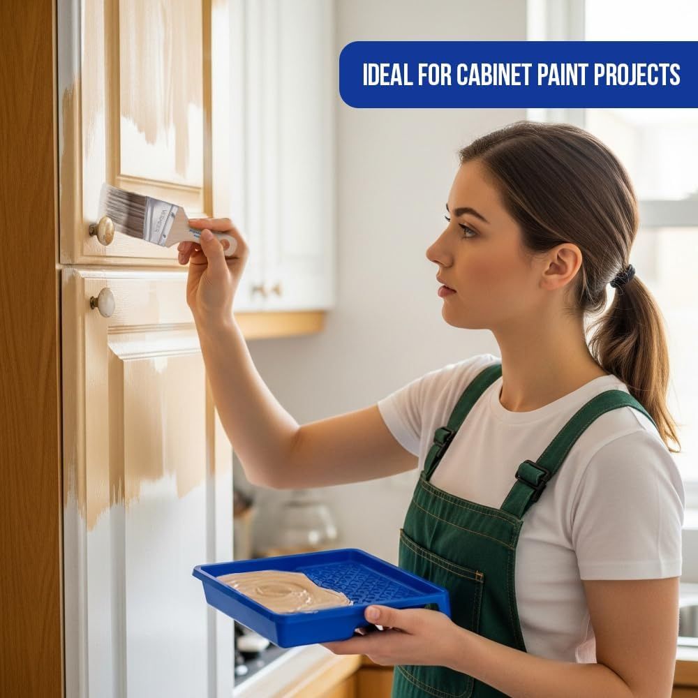 Demonstrates a specific use case for the product, showing it is ideal for cabinet paint projects to help shoppers understand where and how to use it.