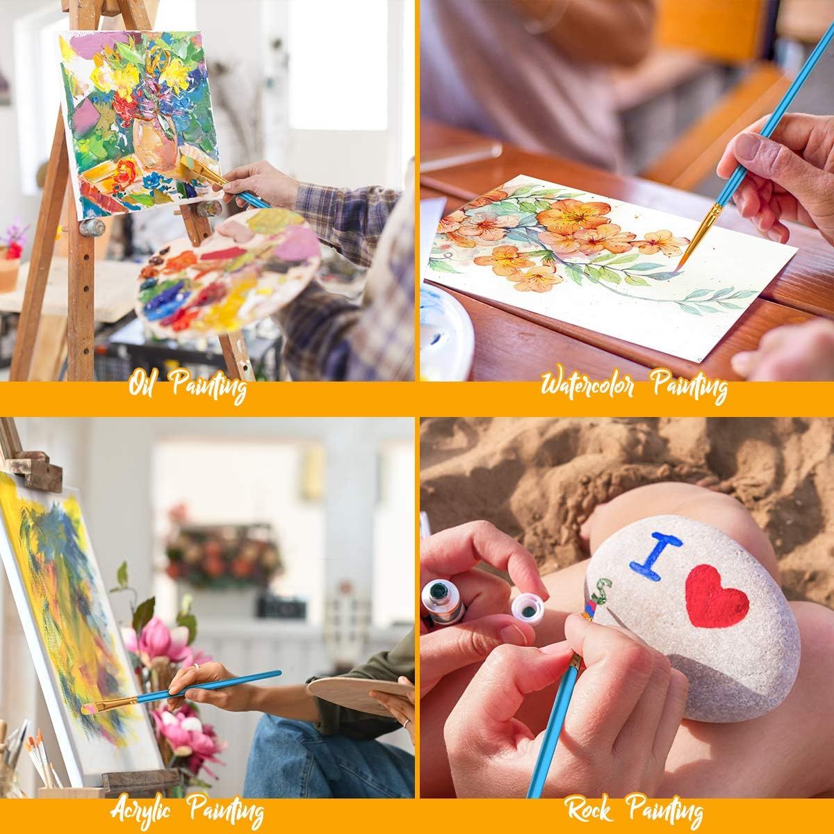 Demonstrates the versatility of the product by showing it can be used for multiple different painting applications and artistic techniques, reassuring shoppers of its multi-purpose functionality.