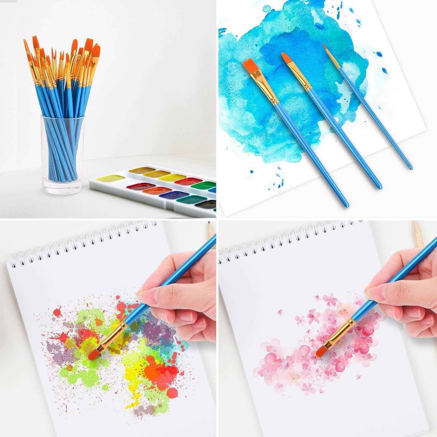 Demonstrates the versatility of the brush set by showing multiple different painting styles and techniques that can be achieved, from watercolor washes to detailed work to splatter effects.