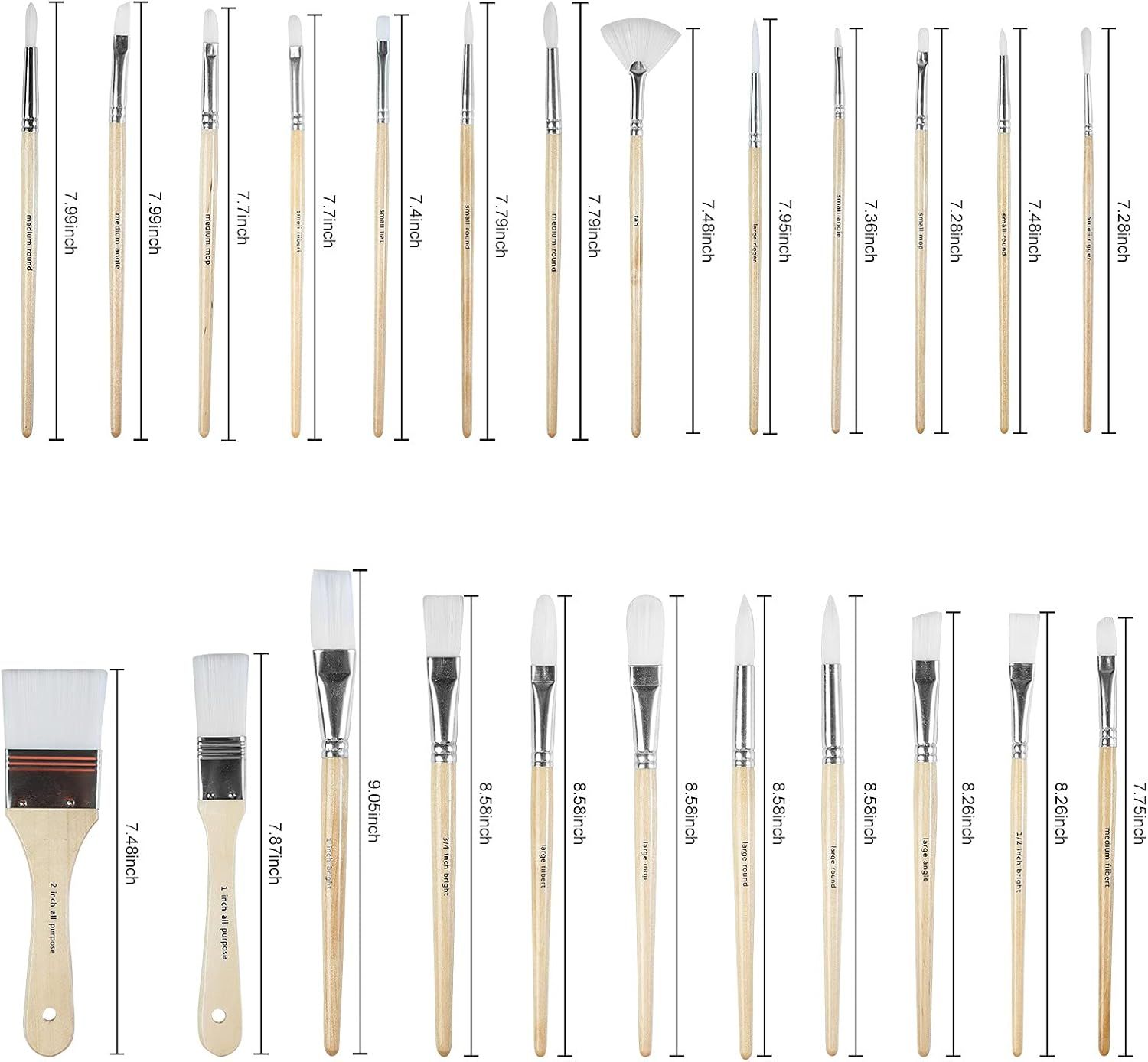 Shows the exact physical length of each brush in the set with measurement arrows, helping shoppers understand the size and scale of each tool. Displays all the individual brushes included in the set…