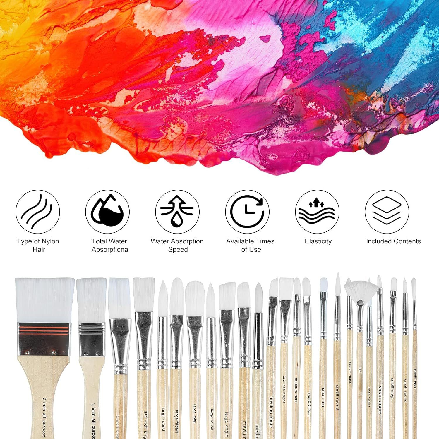 Shows the complete set of brushes and accessories included with the purchase, highlighting the variety of brush types, sizes, and key product features like nylon hair type, water absorption,…
