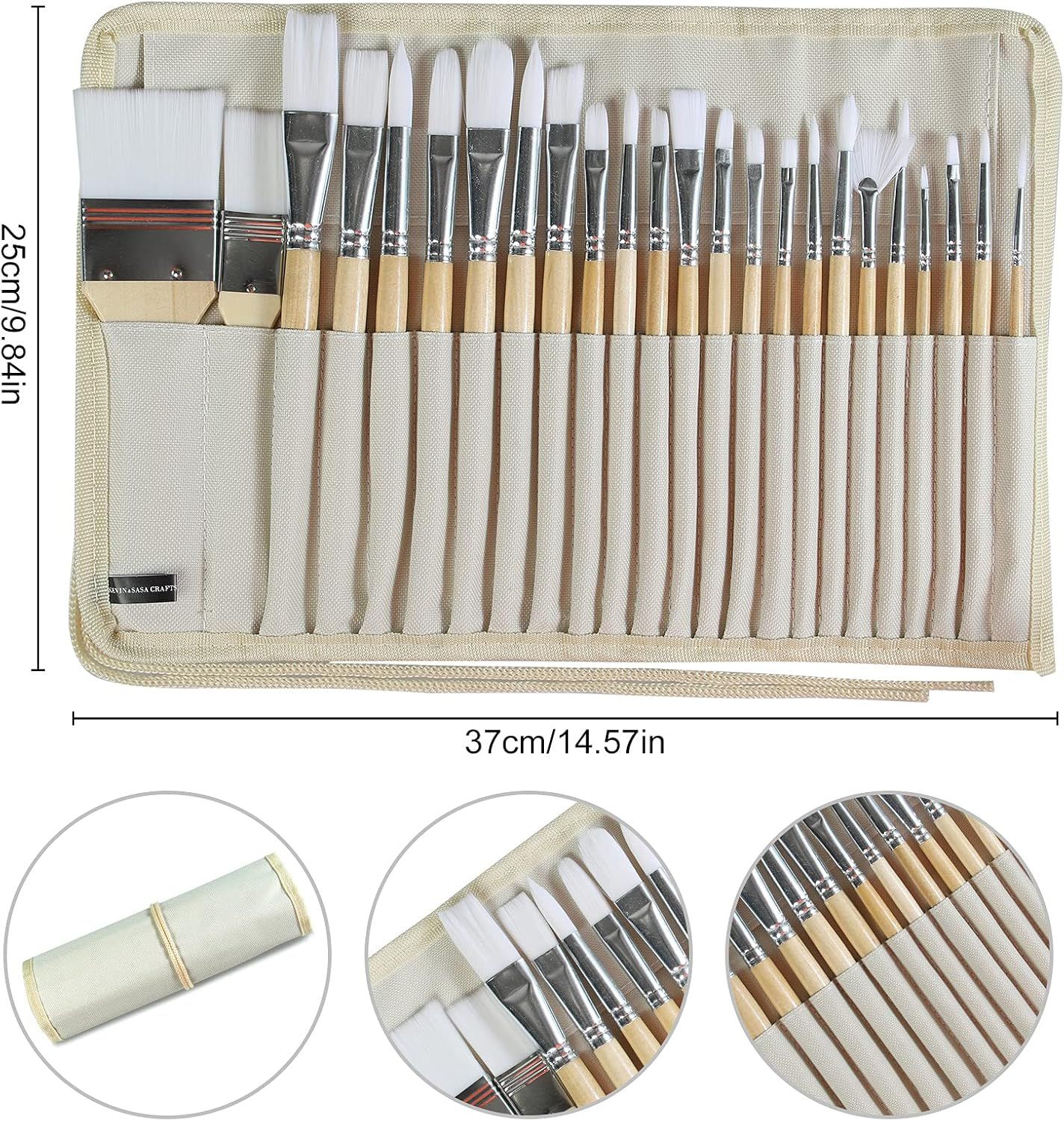 Communicates the exact physical dimensions of the brush set case (37cm x 25cm) to help shoppers understand the size and portability of the product. Shows all the brushes and accessories included in…
