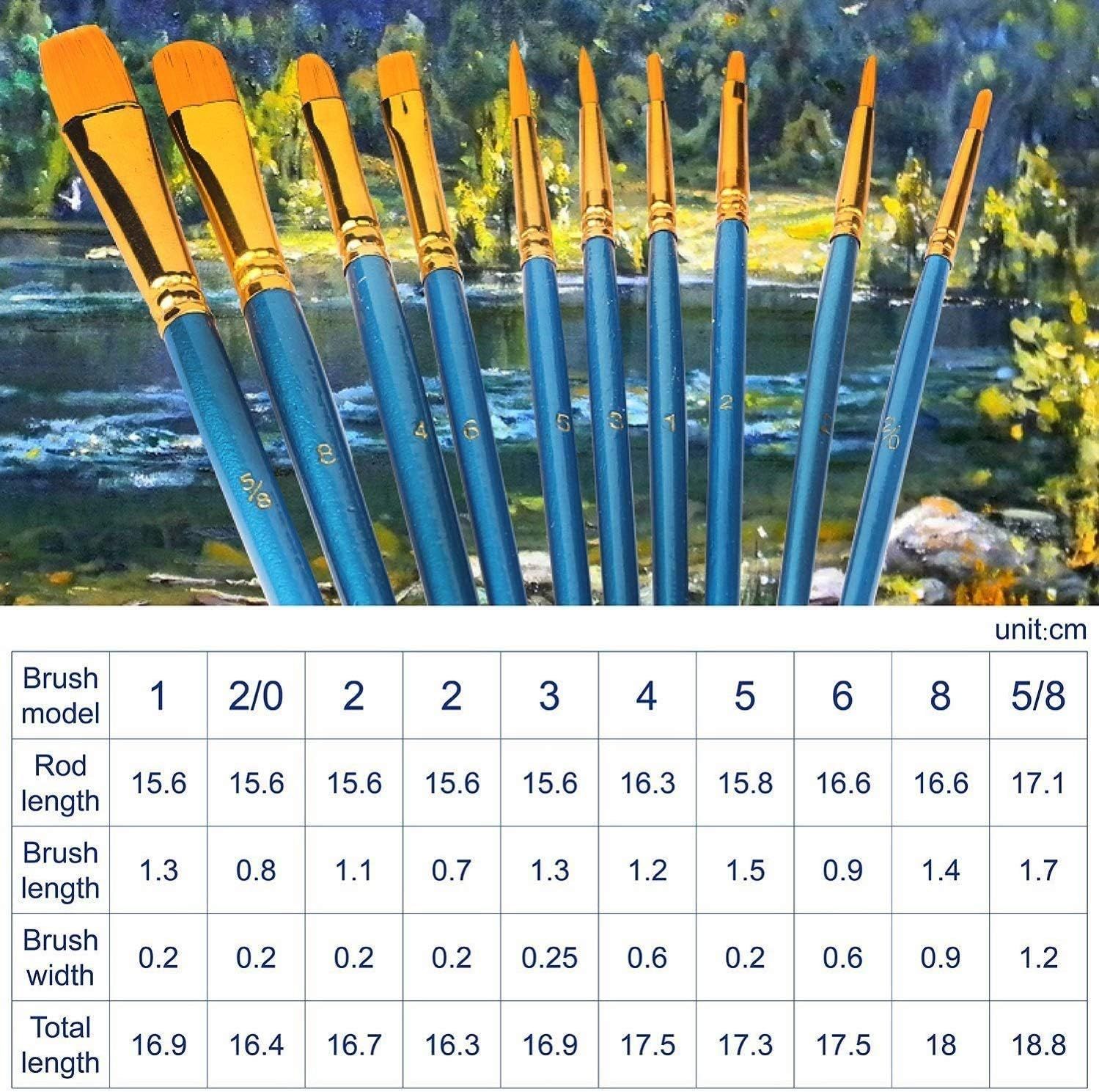 Provides detailed dimensional specifications for each brush model in the set, helping shoppers understand the exact physical measurements and choose the right brush sizes for their painting needs.