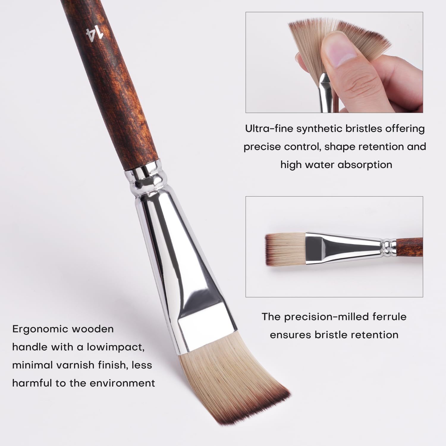 This image breaks down the physical components of the brush—the ultra-fine synthetic bristles, the precision-milled ferrule, and the ergonomic wooden handle—to educate shoppers on the quality…
