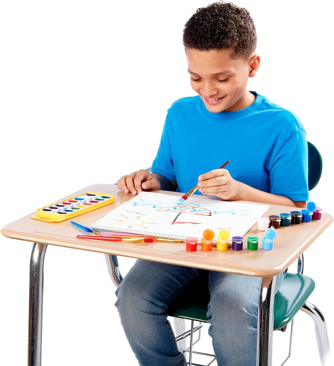 Demonstrates the product in a real-world educational setting, showing a child engaged in art activities to help shoppers visualize the product in use.
