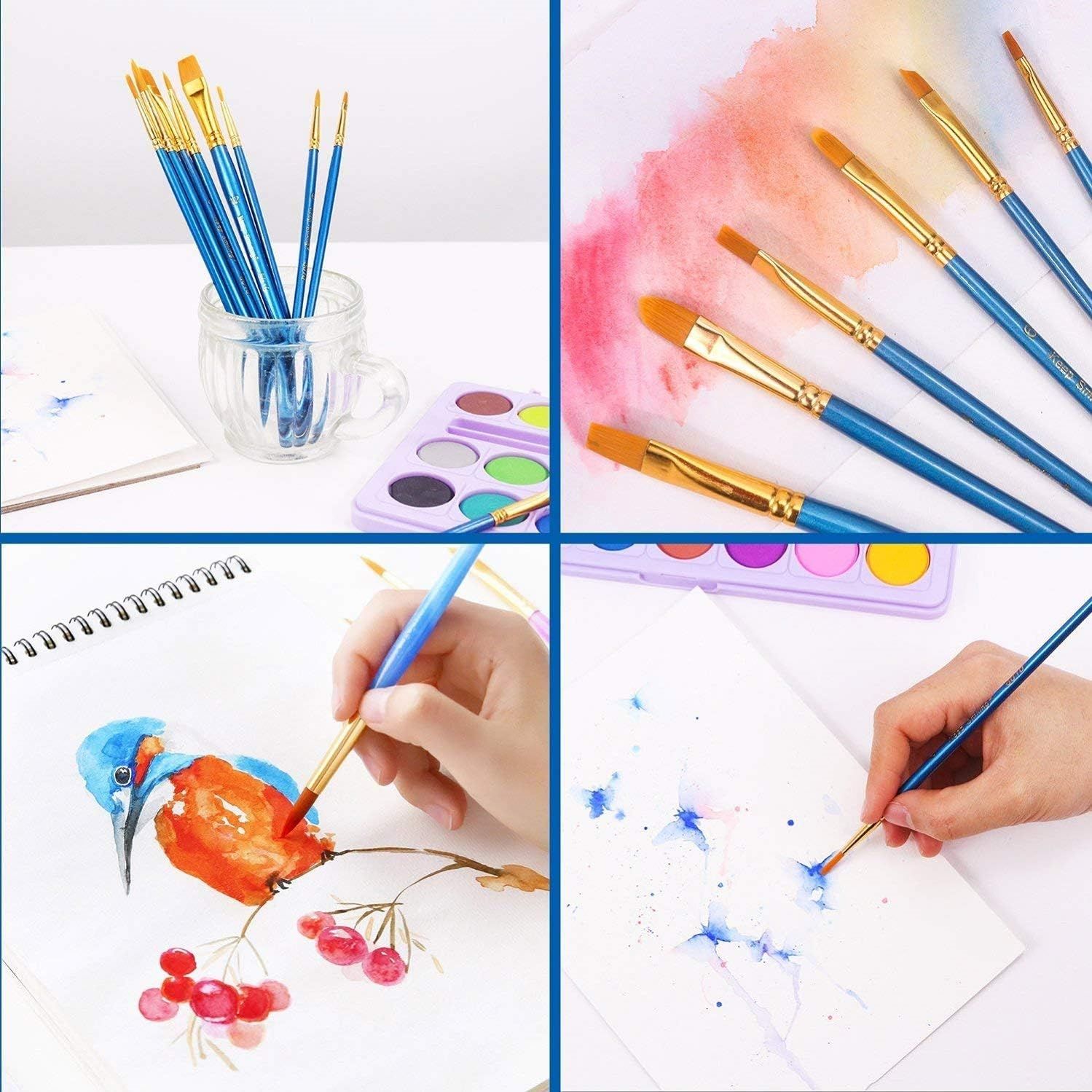 Demonstrates the versatility of the paint brushes by showing multiple real-world applications and painting scenarios, reassuring shoppers that the brushes can be used for various artistic techniques…
