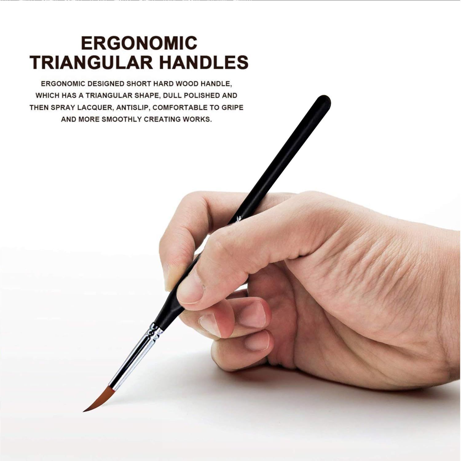 Highlights the physical design of the triangular handle, explaining its ergonomic shape, hardwood construction, and anti-slip features to demonstrate comfort and control during use. Communicates the…