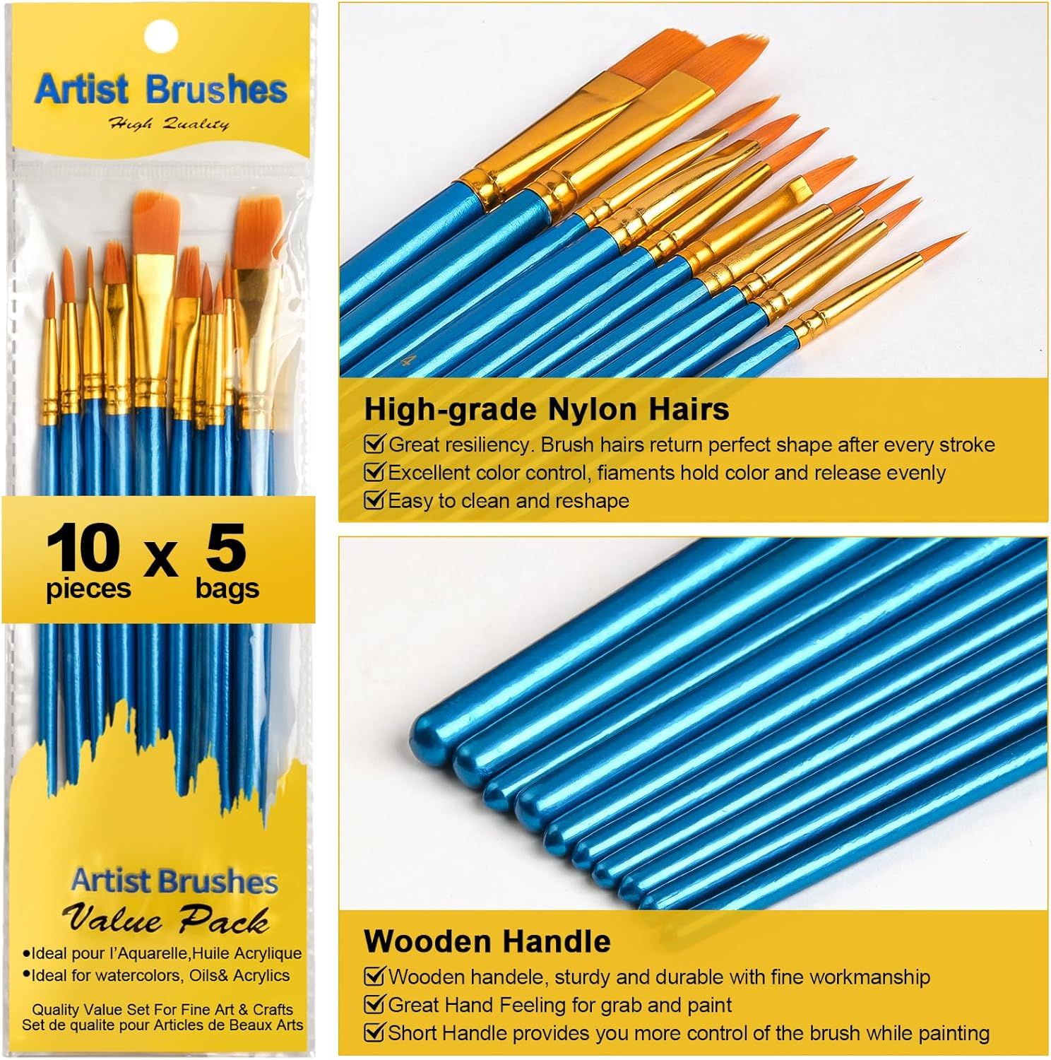 This image showcases multiple distinct benefits of the artist brushes through visually segmented panels, highlighting the quality of the nylon bristles and wooden handles to reassure shoppers of the…