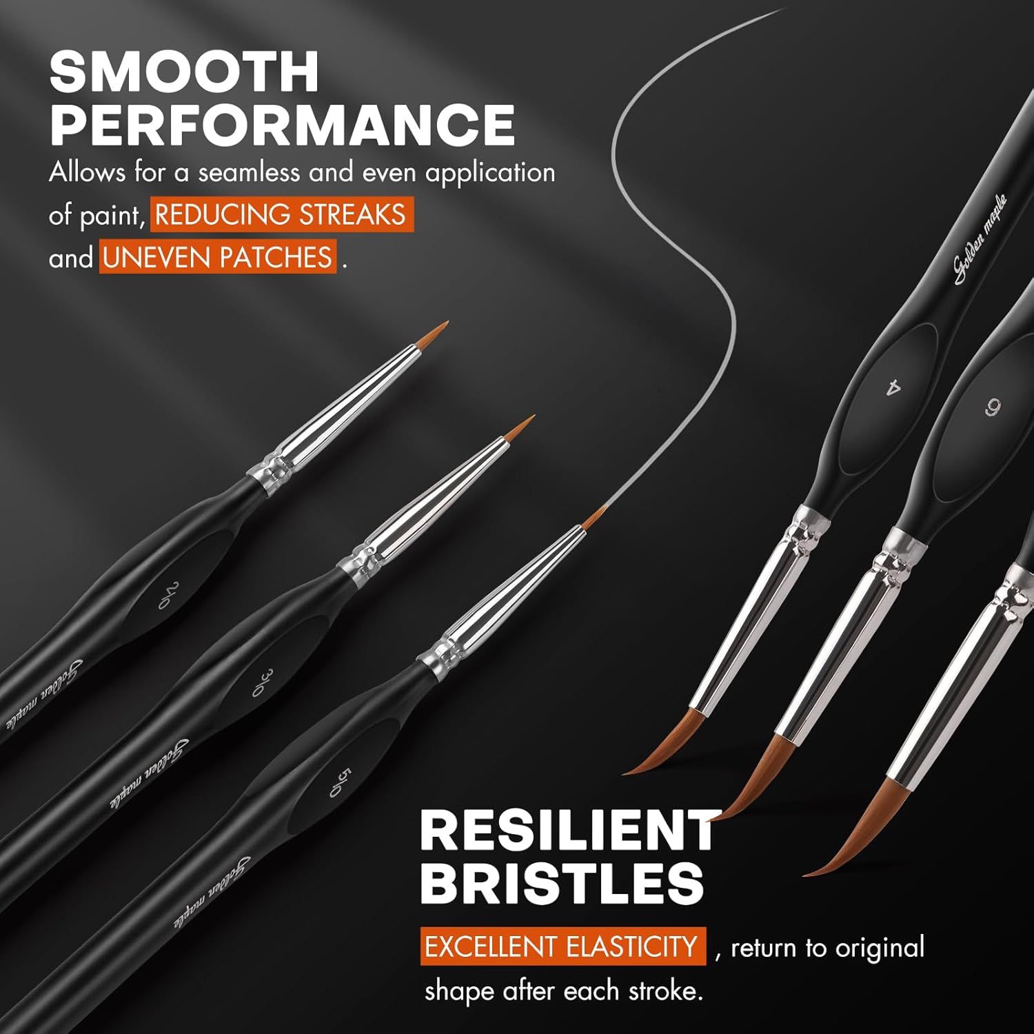 Communicates two distinct product benefits in a visually segmented layout: smooth paint application that reduces streaks and patches, and resilient bristles with excellent elasticity that maintain…