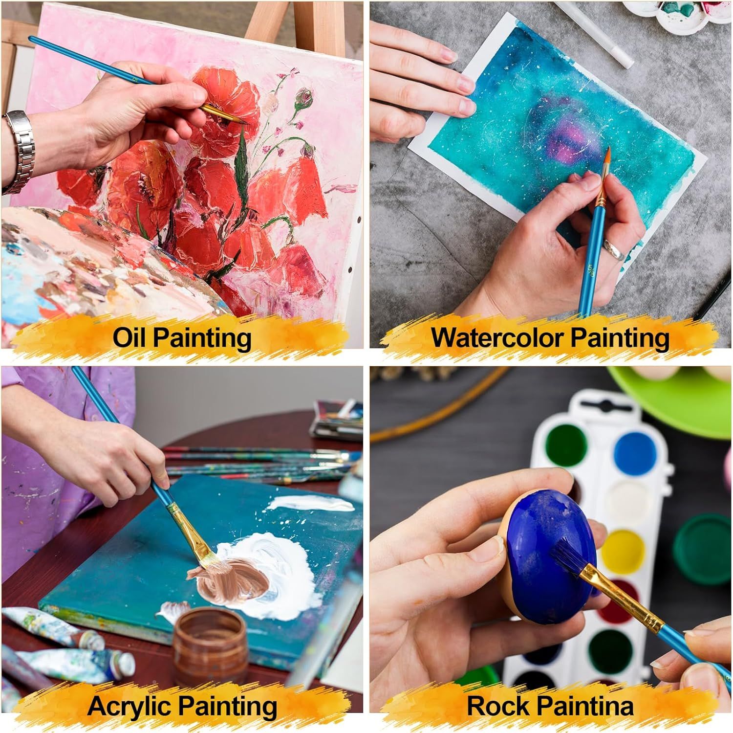 Demonstrates the product's versatility by showing it can be used for multiple different painting applications including oil painting, watercolor, acrylic, and rock painting, reassuring shoppers of…