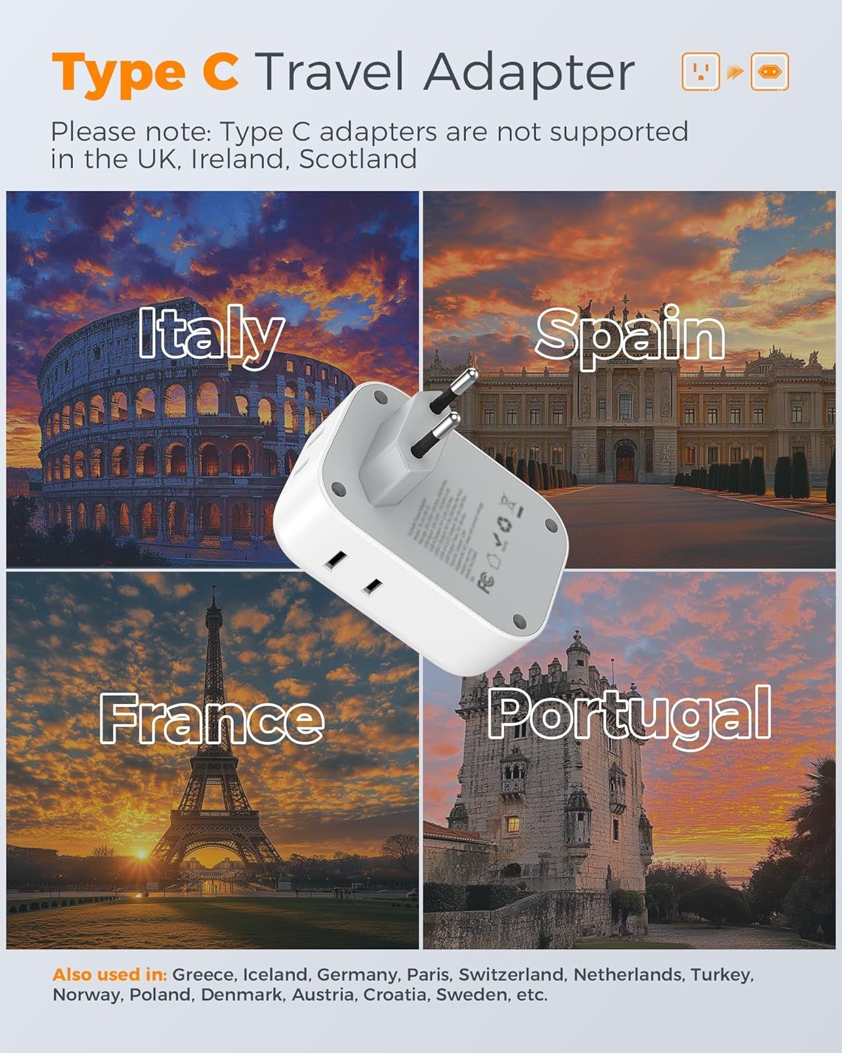 Demonstrates the multiple countries and travel destinations where this Type C adapter can be used, reassuring travelers of its broad geographic compatibility.