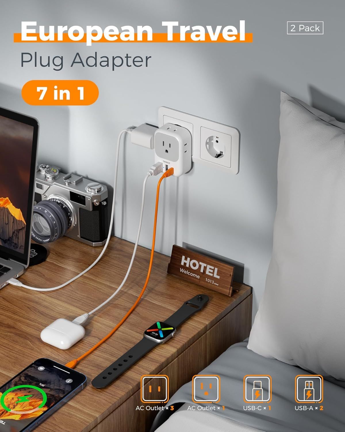 Shows what the customer receives and demonstrates the adapter's versatility with multiple outlet types (AC outlets, USB-C, USB-A) in a real-world hotel setting to communicate travel convenience.…