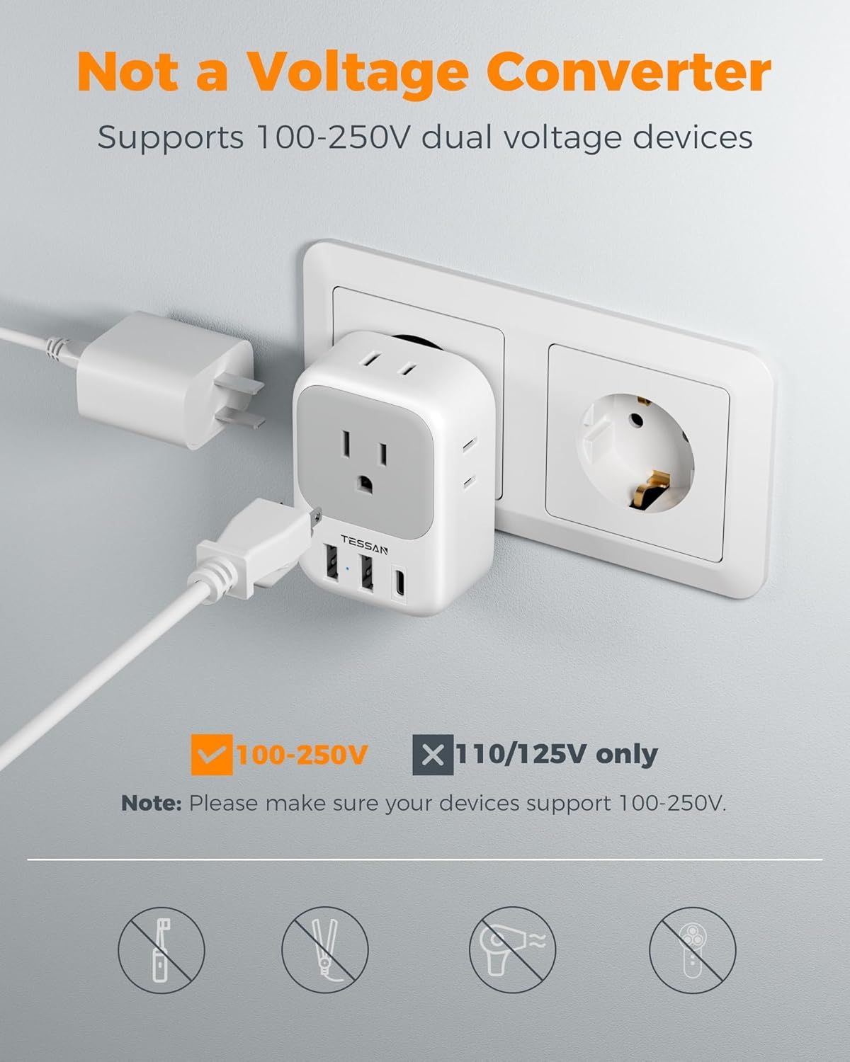 Reassures shoppers that the product supports dual voltage devices (100-250V) and clarifies it is not a voltage converter, preventing misuse and ensuring safe operation with compatible devices.…