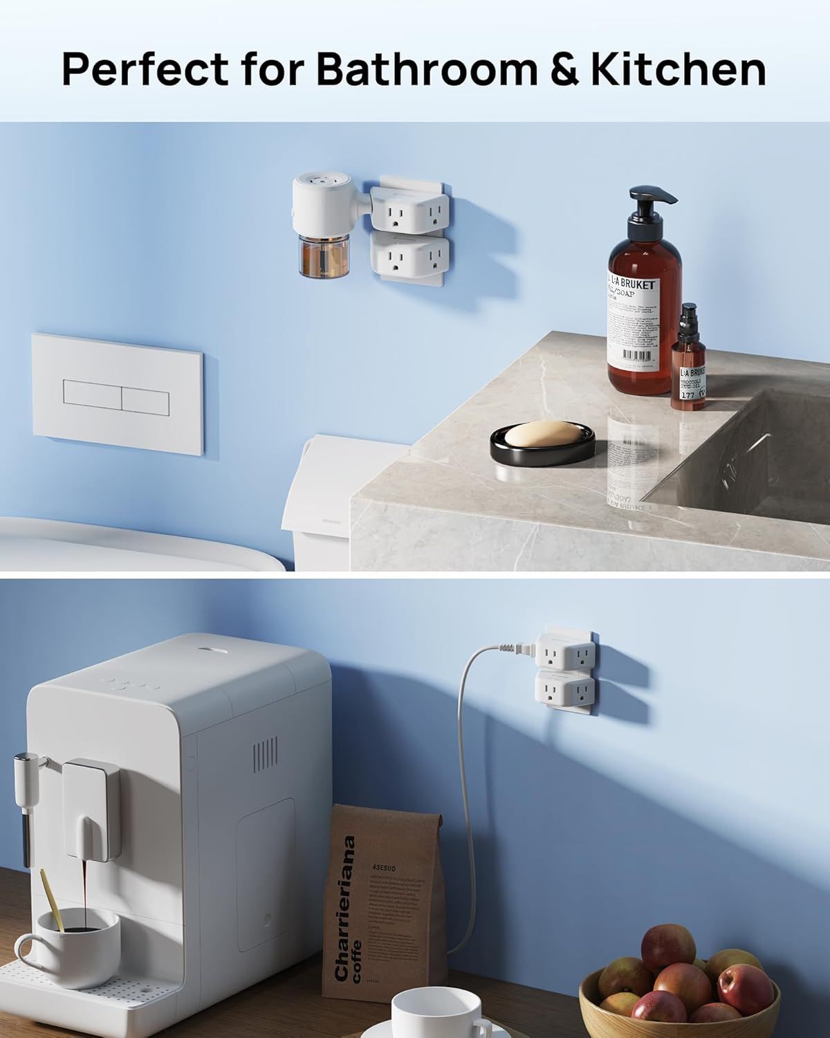 Demonstrates the product's versatility by showing it in use across two different room environments (bathroom and kitchen), reassuring shoppers it works well in multiple settings.