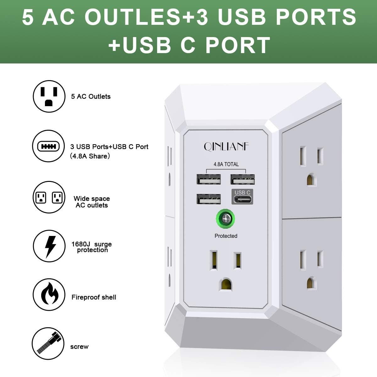 This image showcases multiple distinct benefits of the power strip in a segmented layout with icons and callouts, helping shoppers understand the comprehensive feature set including outlet count,…