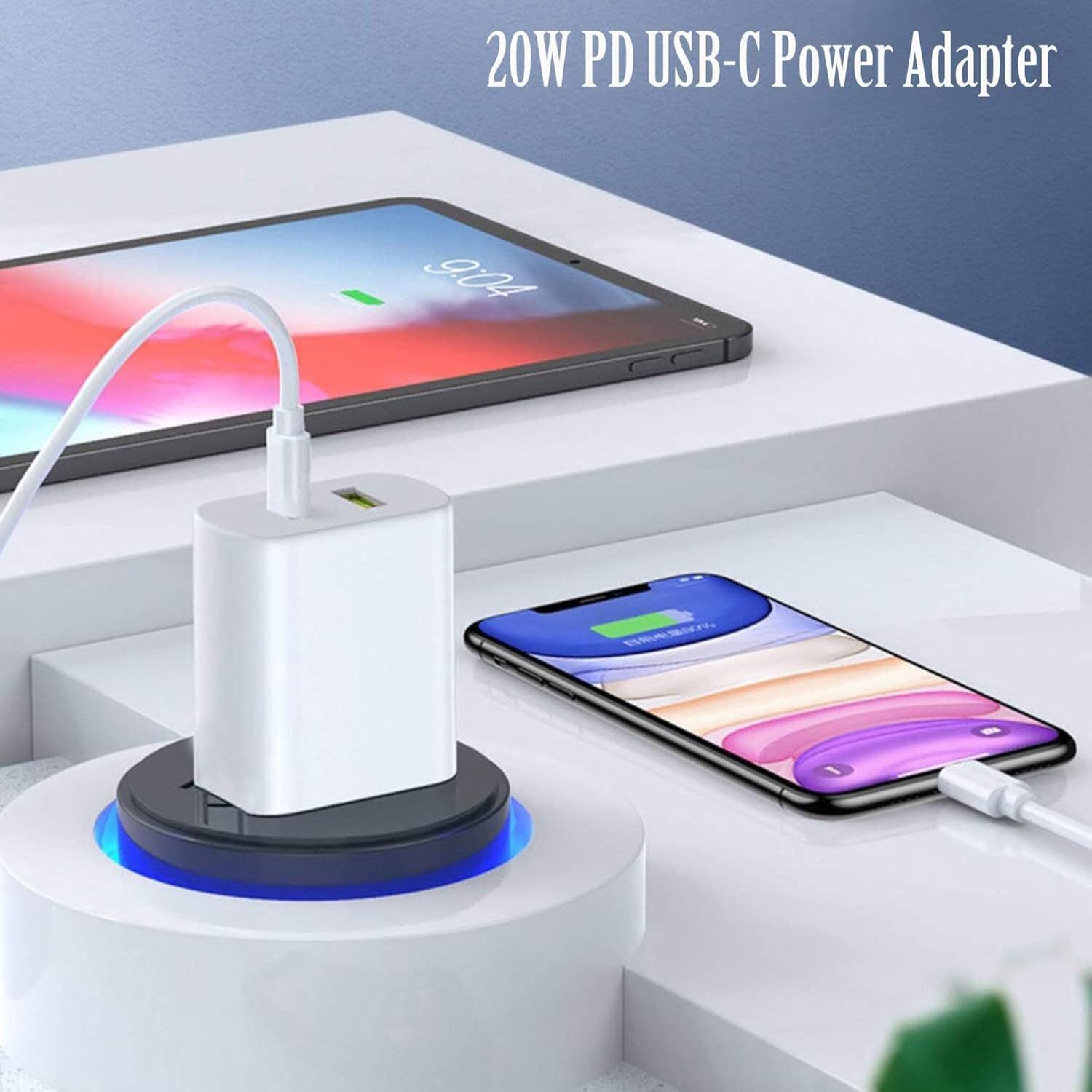 Highlights the 20W PD USB-C power adapter's fast charging capability, showing it can charge multiple devices simultaneously to reassure shoppers of its efficiency and convenience.