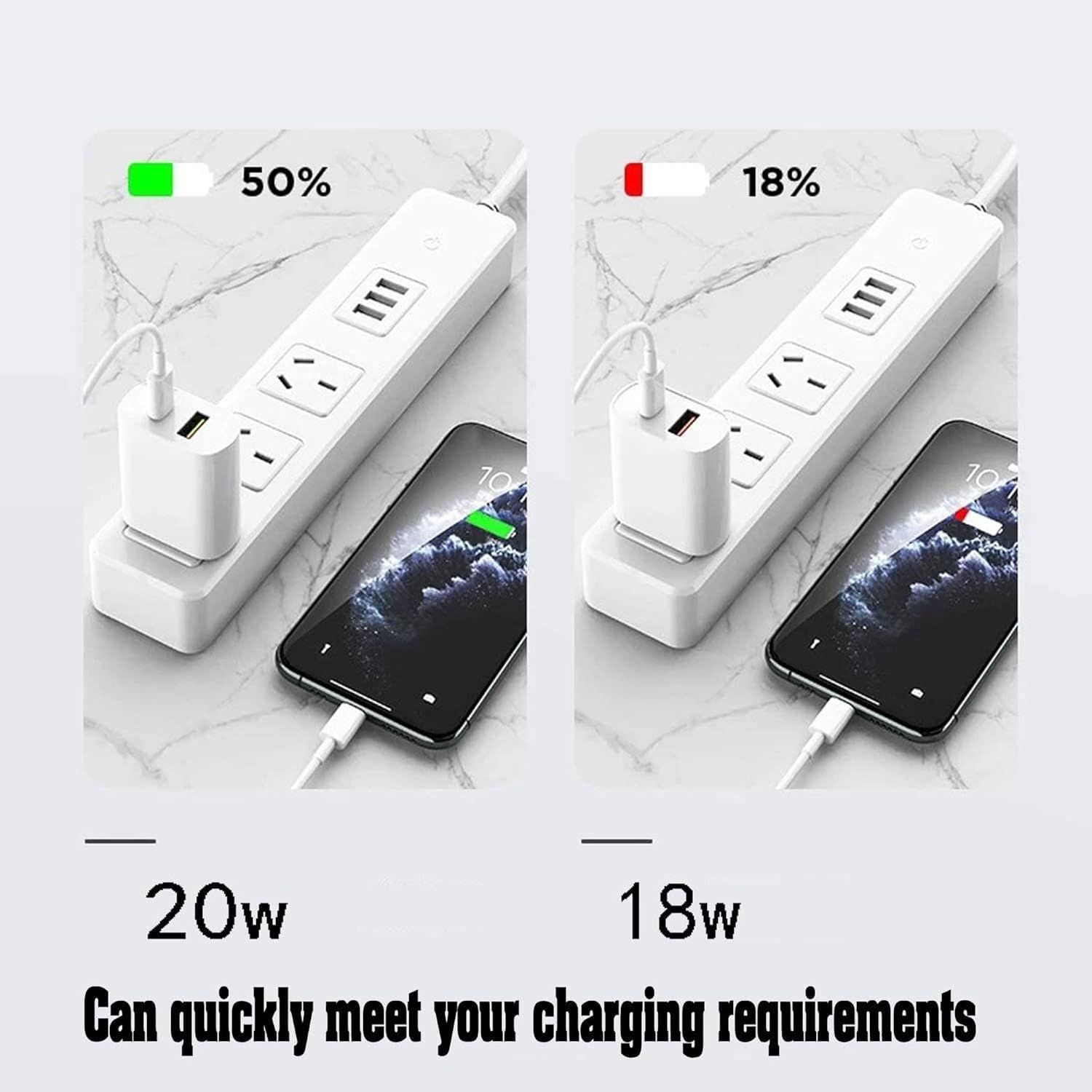 Demonstrates the superior charging speed of the 20w charger compared to an 18w alternative, showing it can charge a phone to 50% versus only 18% in the same time period. Highlights the quantifiable…