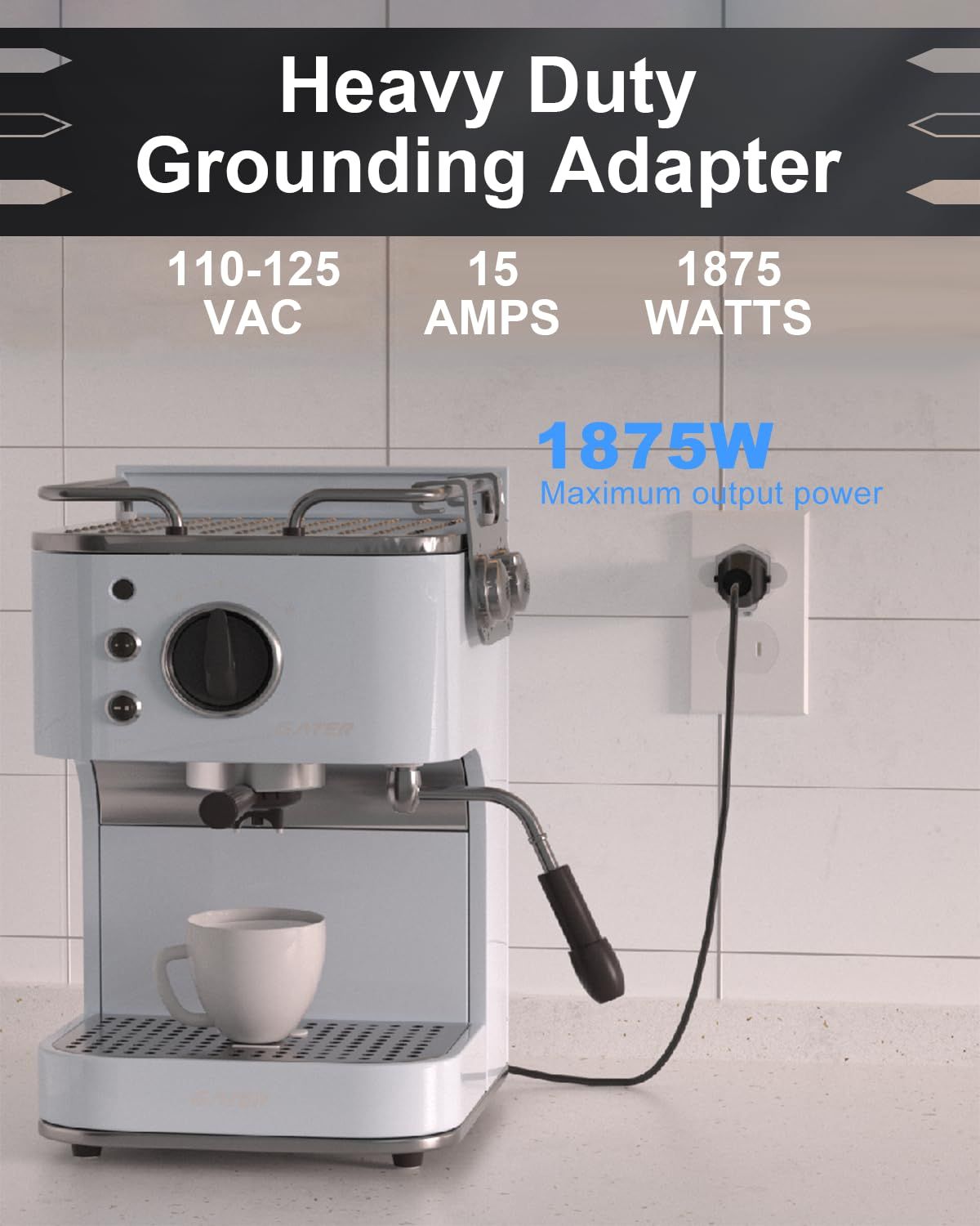 Communicates the electrical specifications and maximum power output of the grounding adapter to reassure shoppers it can handle heavy-duty appliances like espresso machines. Highlights the adapter's…