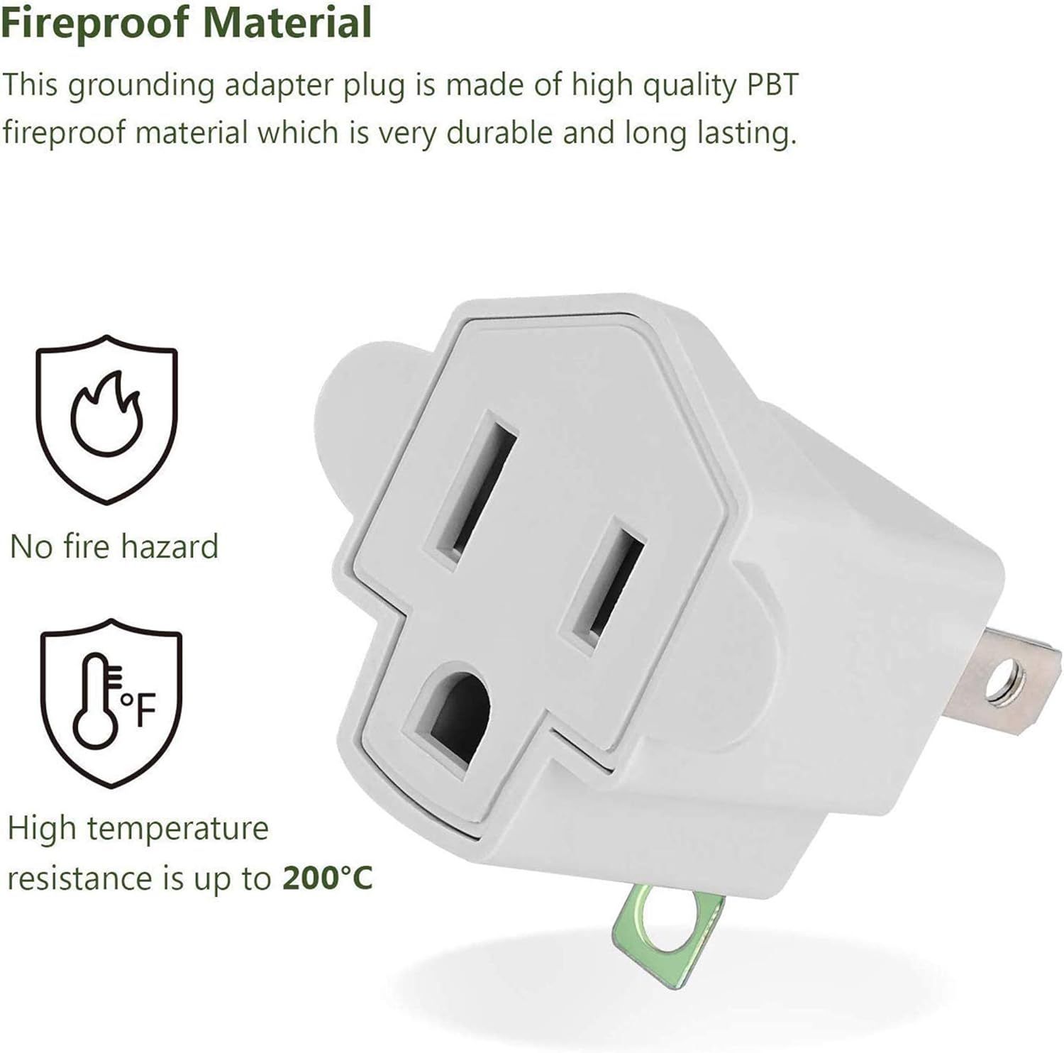 Communicates multiple safety benefits of the grounding adapter plug, emphasizing its fireproof construction, fire safety, and high temperature resistance to reassure shoppers about product…