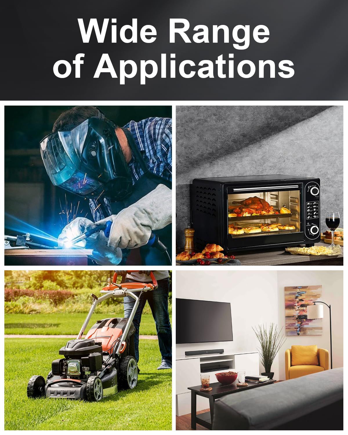 Demonstrates the product's versatility by showing it can be used across multiple different environments and scenarios—from industrial welding to home cooking, lawn care, and entertainment—reassuring…