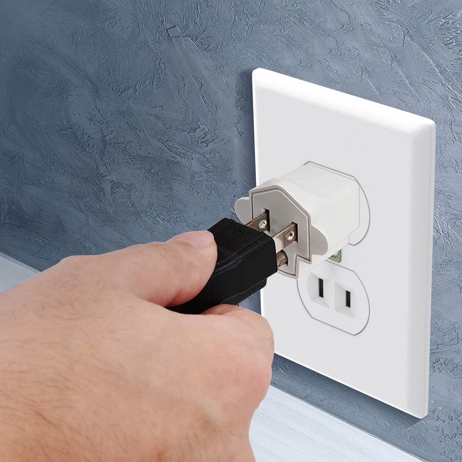 Demonstrates how simple it is to use the product by showing a hand plugging it into a standard wall outlet, reassuring shoppers about ease of setup and use. Communicates the straightforward,…