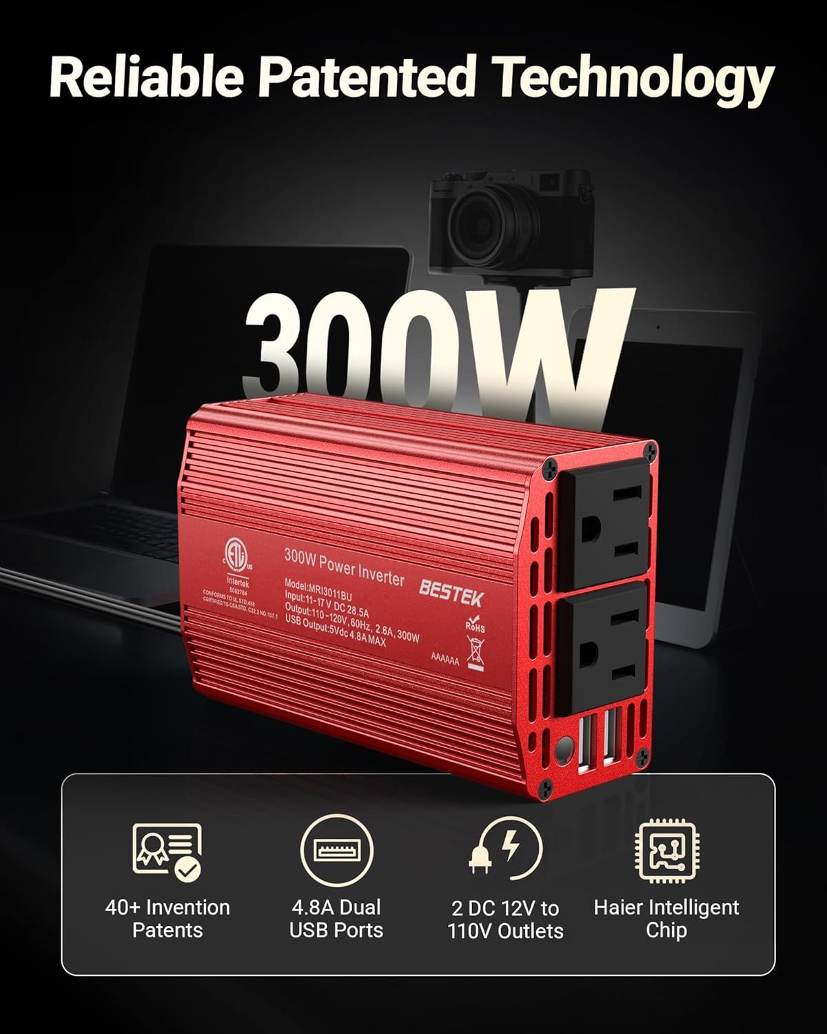 Communicates multiple key selling benefits of the 300W power inverter in a segmented layout, highlighting patented technology, charging capabilities, power outlets, and intelligent chip technology…