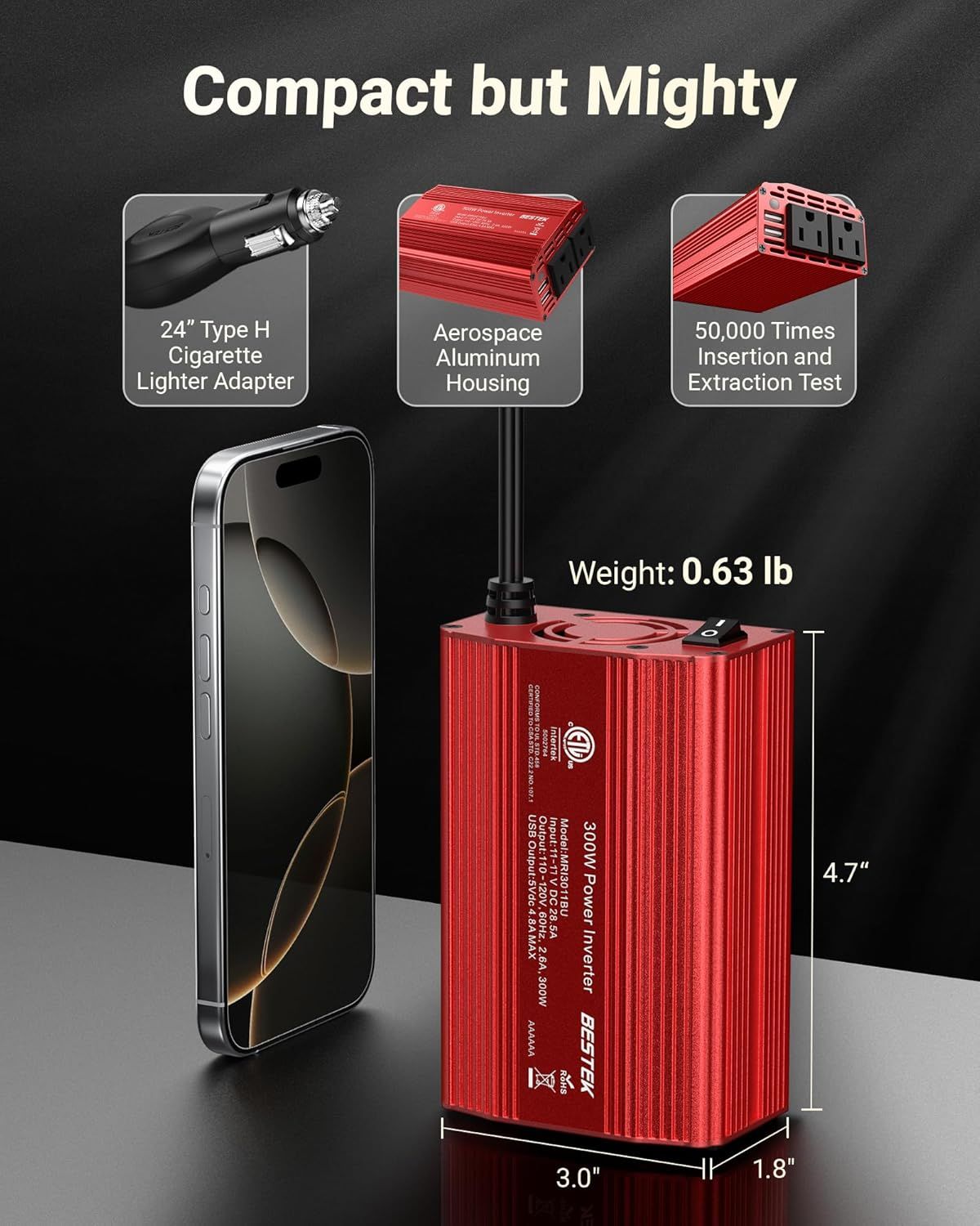 Communicates the product's compact physical size (4.7" x 3.0" x 1.8") and light weight (0.63 lb) to reassure shoppers that it's portable and space-efficient despite its power capabilities.…