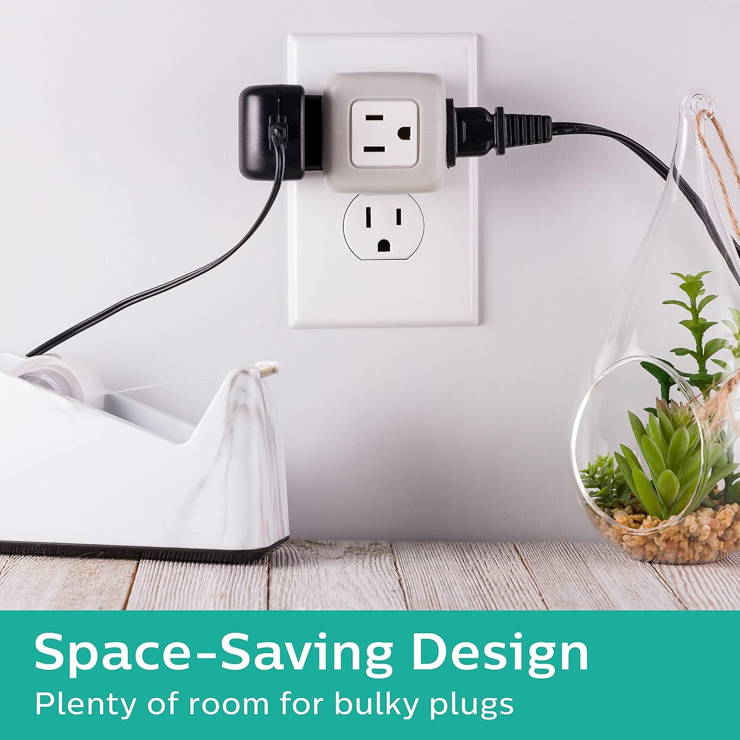 Demonstrates that the outlet adapter has a compact, space-saving design that allows multiple plugs to fit without blocking adjacent outlets, solving a common frustration with bulky plugs.