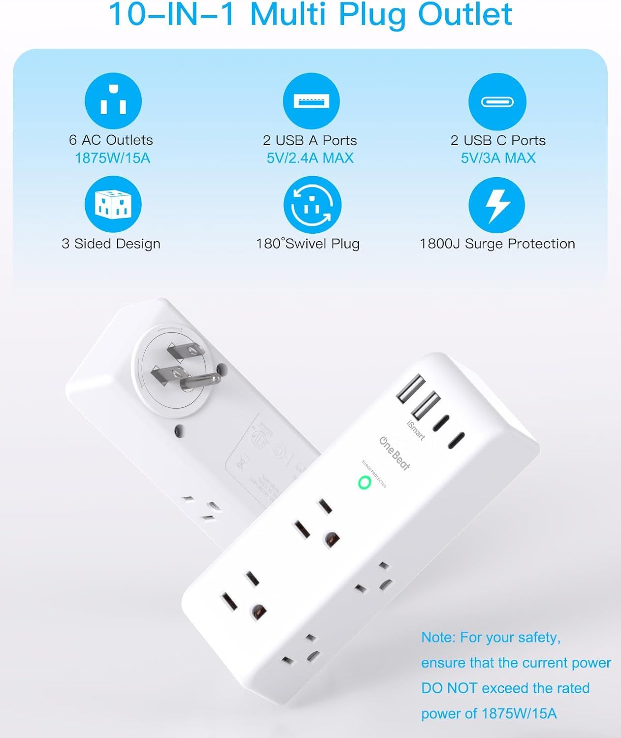 Communicates the comprehensive functionality of the multi-plug outlet by showcasing six distinct features in a segmented icon layout, helping shoppers understand the versatility and protection…