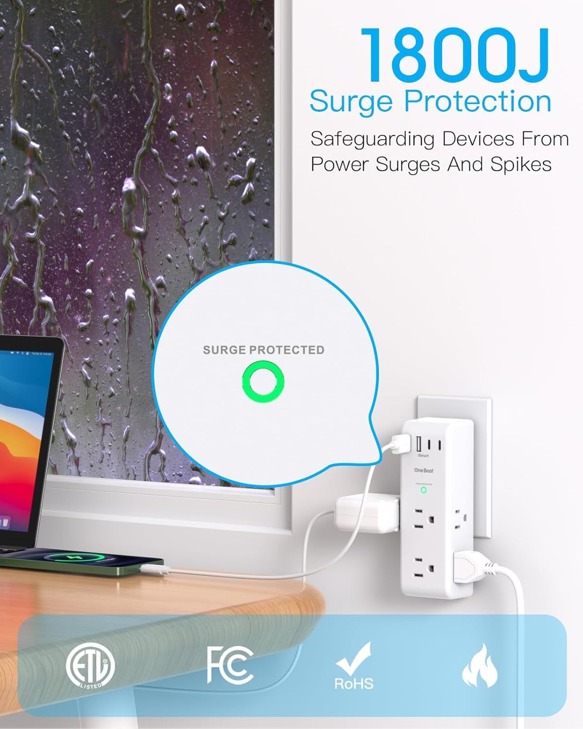 Communicates the product's surge protection capacity (1800 Joules) to reassure shoppers that their devices will be safeguarded from power surges and spikes. Displays multiple safety certifications…