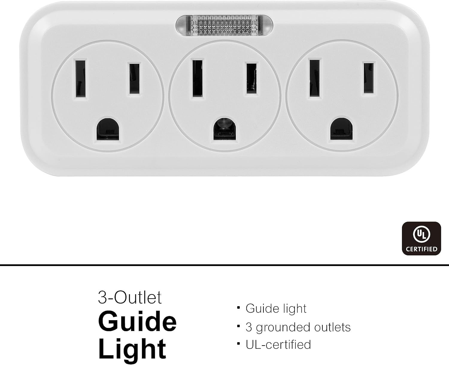Communicates multiple key features of the outlet extender including the built-in guide light, three grounded outlets, and safety certification to reassure shoppers of functionality and safety.