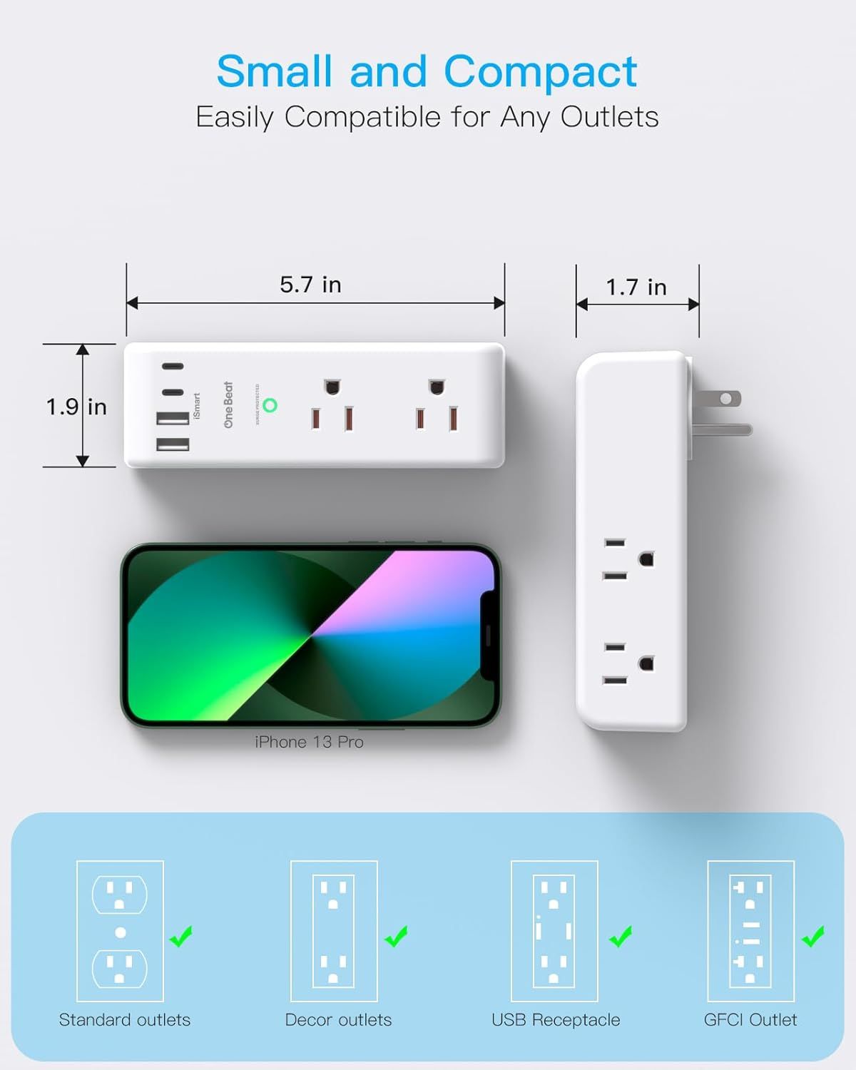 Communicates the product's small, space-saving size with exact measurements to reassure shoppers it will fit easily in any outlet without blocking adjacent sockets. Demonstrates the product's…
