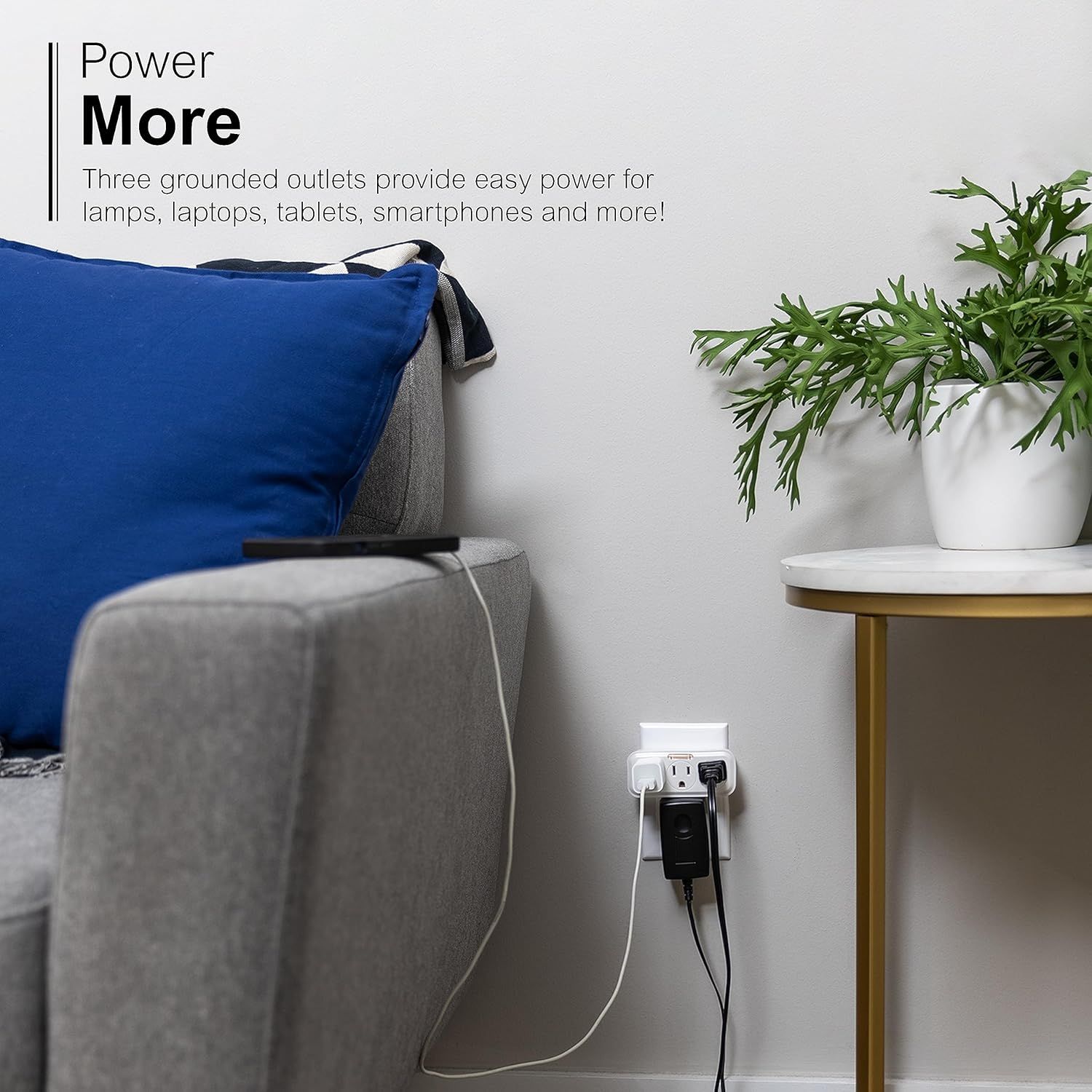 Communicates that the product provides three grounded outlets for powering multiple devices simultaneously, emphasizing convenience and versatility for everyday use.