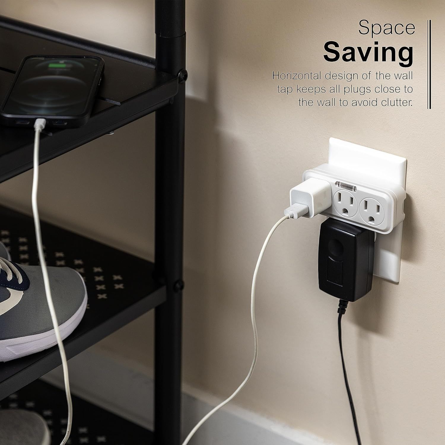 Demonstrates how the wall tap's horizontal design keeps plugs close to the wall to reduce clutter and save space in the room.