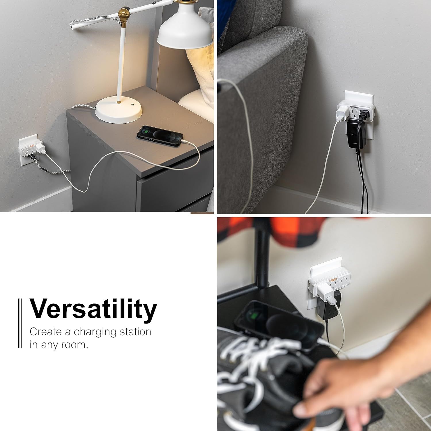 Demonstrates the product's versatility by showing it can be used in multiple environments (bedroom, living room, office/gaming setup) to create a charging station anywhere.