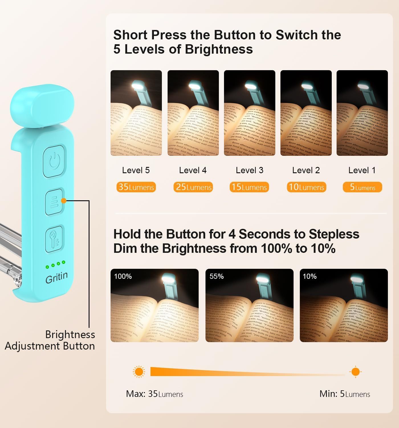 Explains how to operate the brightness adjustment feature, showing both the quick-press method for 5 preset levels and the hold-press method for stepless dimming, helping shoppers understand the…