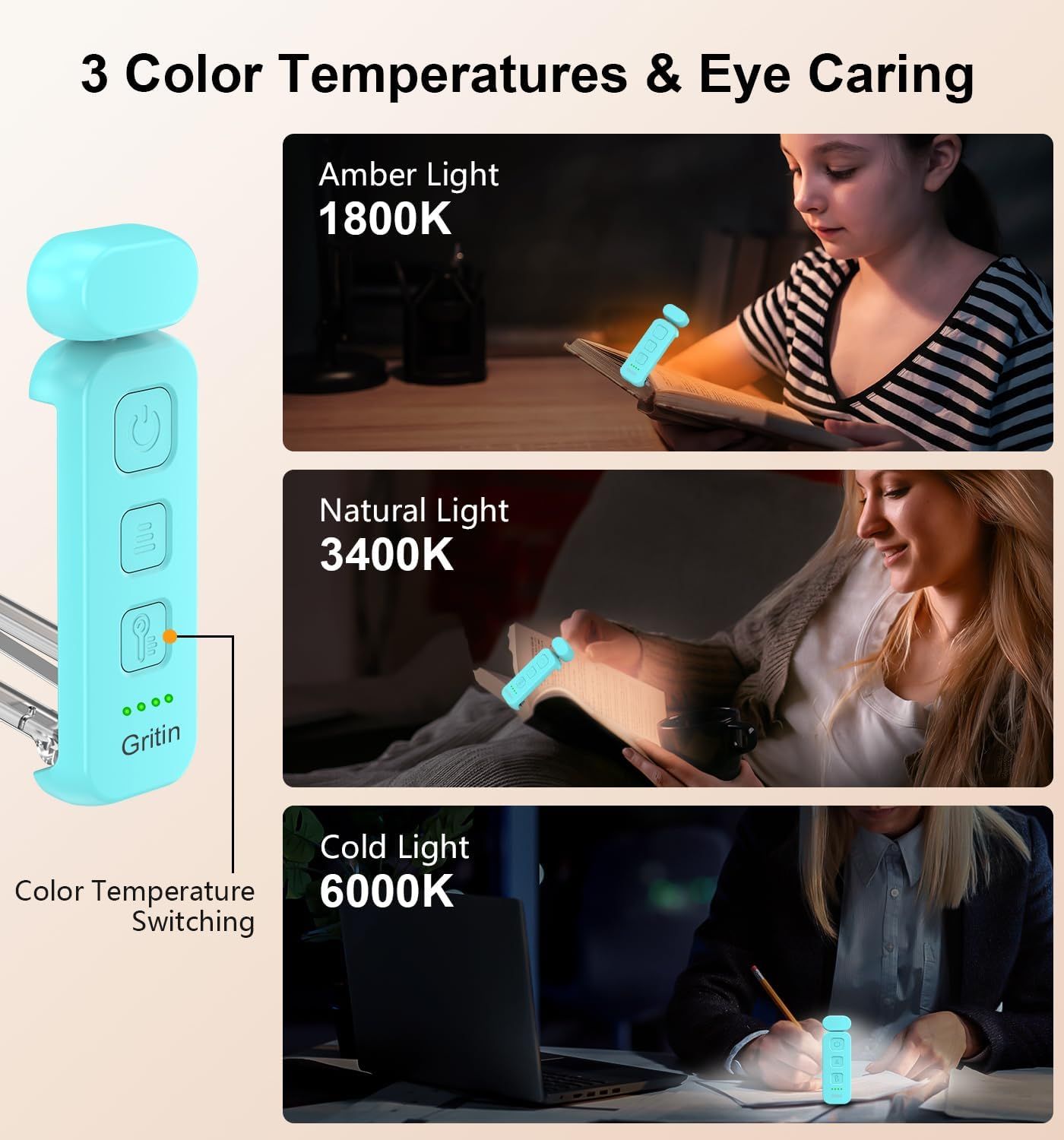 Demonstrates the product's versatility by showing three different color temperature modes (Amber 1800K, Natural 3400K, Cold 6000K) and how each can be used in different reading, working, and…