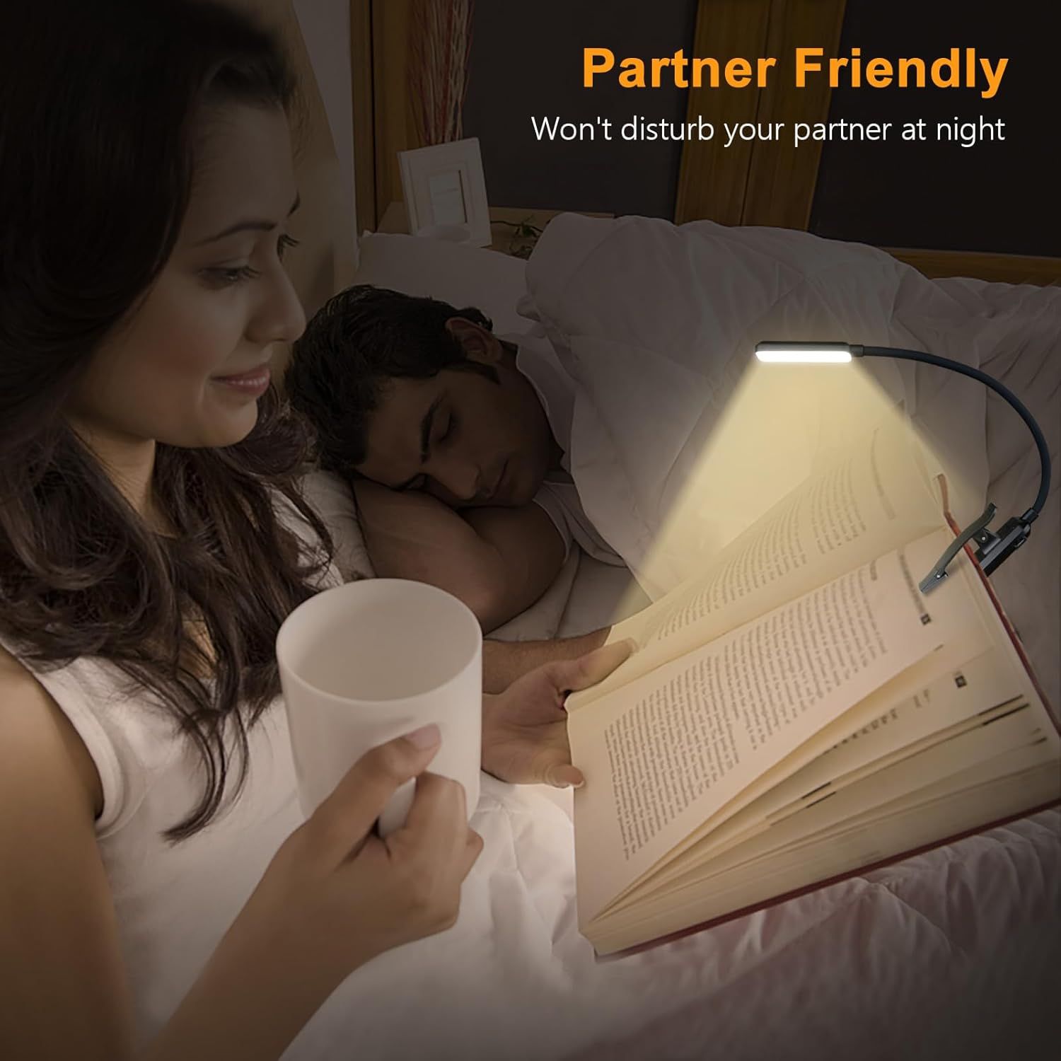 Communicates that the product (likely a book light) provides focused illumination that allows one person to read without disturbing their sleeping partner, emphasizing consideration and convenience.