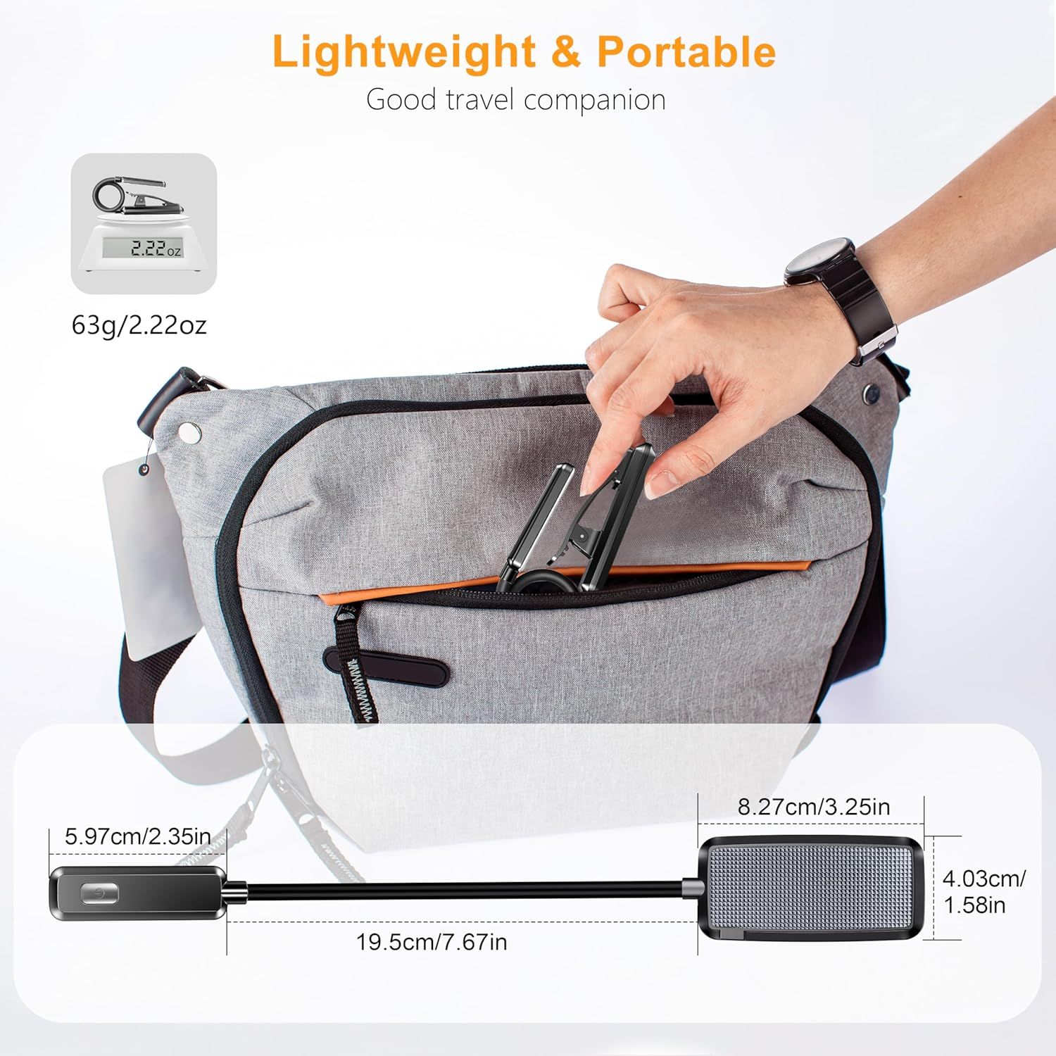 Communicates the product's portability through exact weight (63g/2.22oz) and dimensional measurements, reassuring shoppers that it's travel-friendly and easy to carry. Highlights the product's…