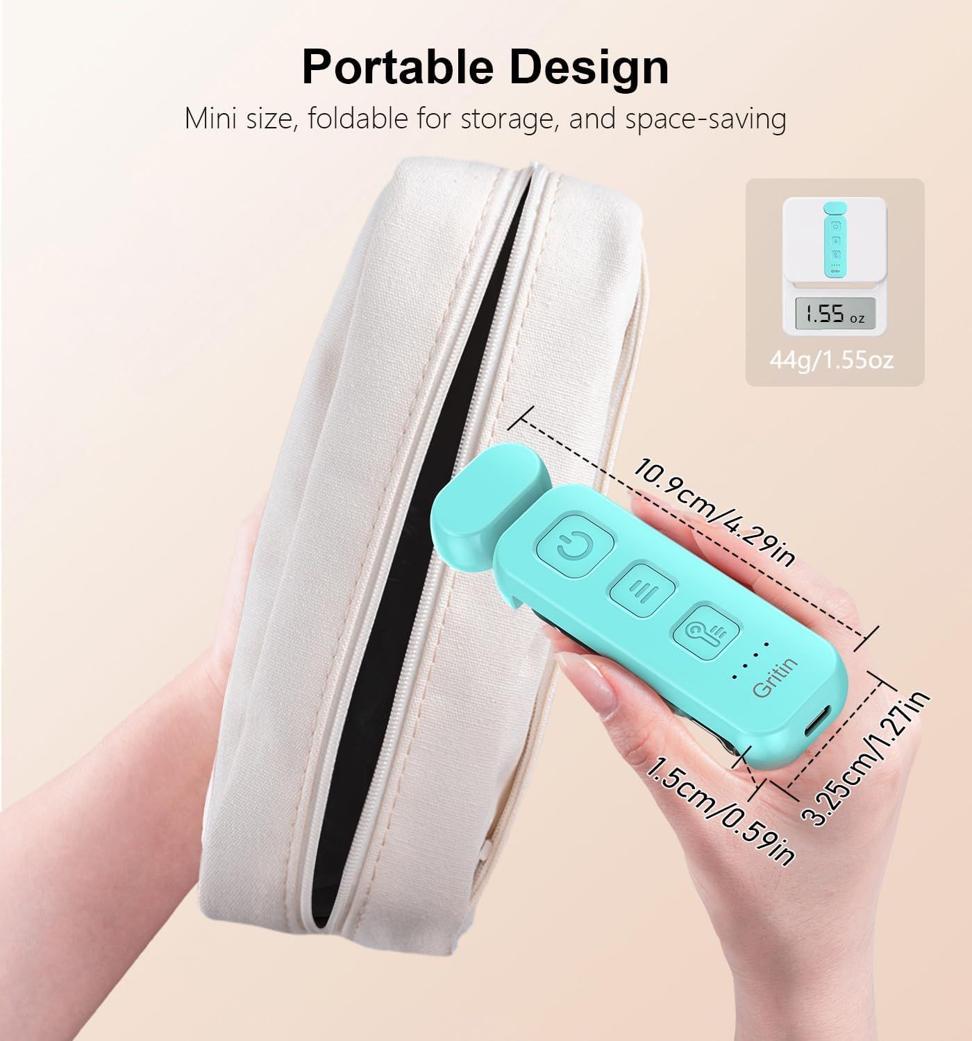 Communicates the product's ultra-portable size and weight with precise measurements to reassure shoppers it's travel-friendly and space-saving. Highlights the product's portability benefit through…