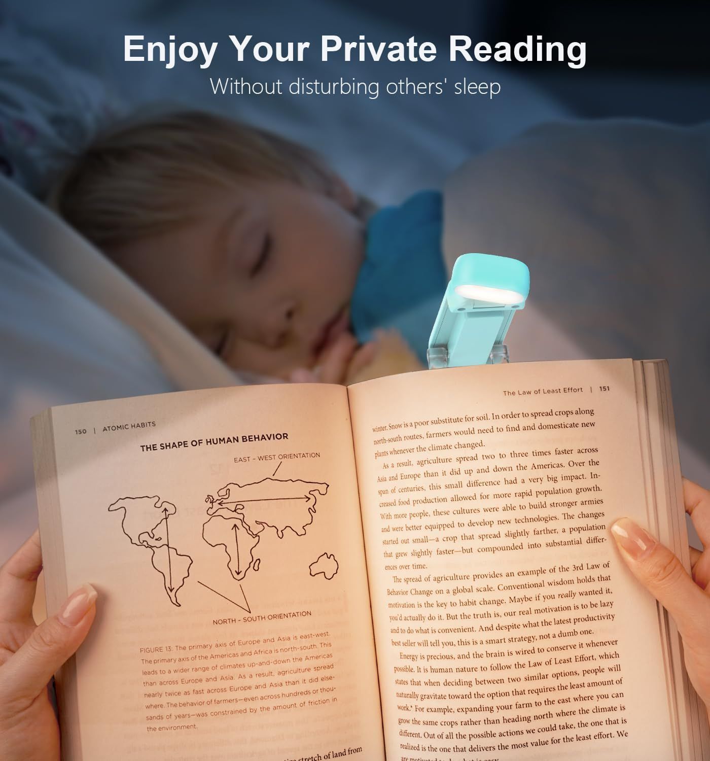 Communicates that the product (a clip-on reading light) allows the user to read in bed without disturbing their partner's sleep, emphasizing considerate nighttime use.