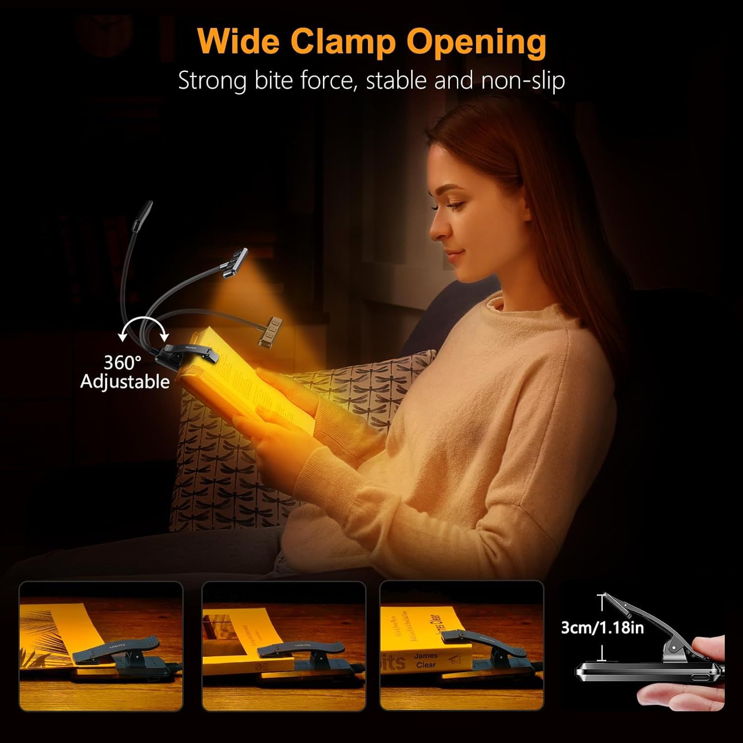Highlights the physical features and adjustability of the reading light's clamp mechanism, showing its wide opening, 360-degree rotation capability, and precise dimensions to reassure shoppers about…