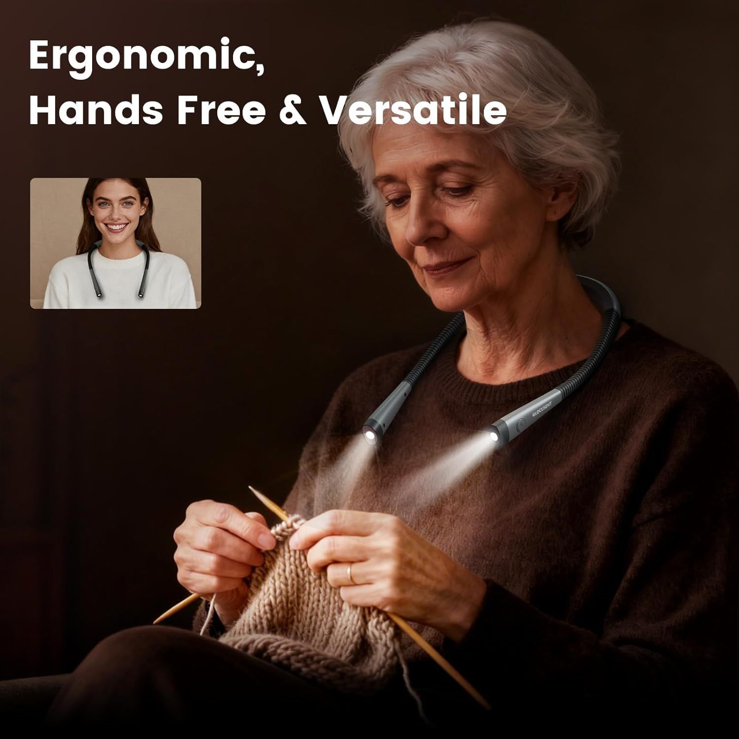 Demonstrates that the neck light allows hands-free use while performing detailed tasks like knitting, emphasizing ergonomic design and versatility for various activities.