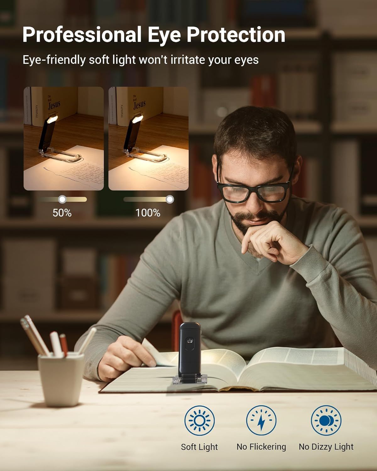 Communicates multiple eye-care benefits of the reading lamp including adjustable brightness levels, soft light quality, flicker-free operation, and anti-dizzy technology to reassure shoppers about…